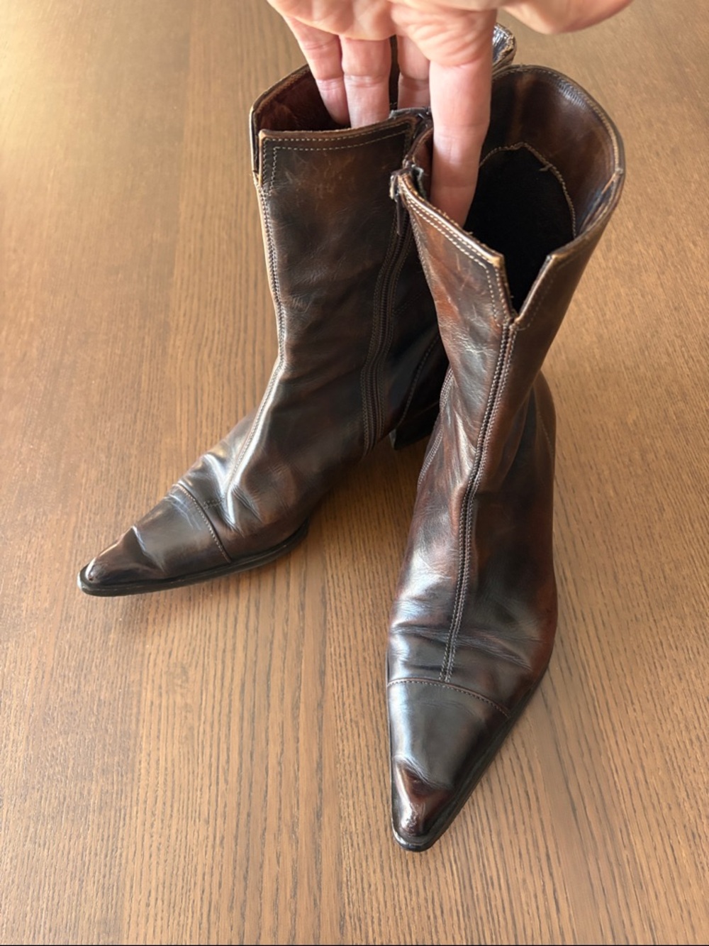 VINTAGE PEGABO - Made in Italy Brown Leather Mid-Calf Zip Boots - Picture 3 of 13